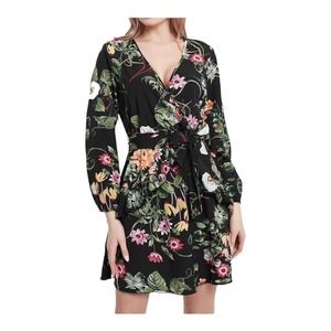 NWT Buguest Wrap Dress XXL Black Floral Long Sleeve Tropical V-Neck Knee Length